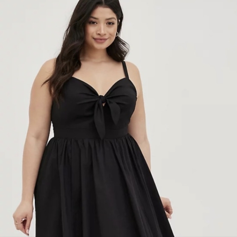 Black Poplin Tie Front Skater Dress
